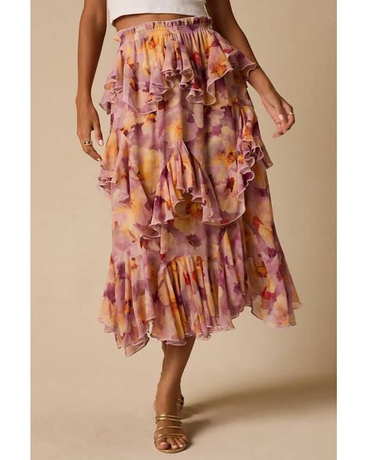 Lulus Natural Pavinna Floral Print Tiered Ruffle Maxi Skirt