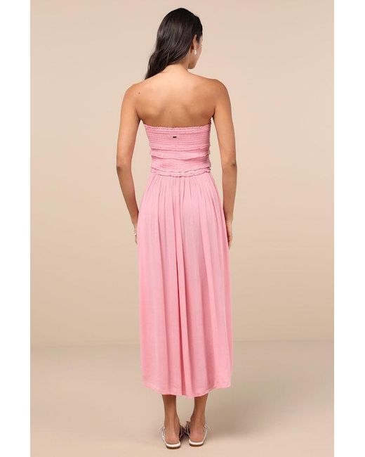 O'neill Sportswear Pink Devyn Smocked Strapless Midi Dress