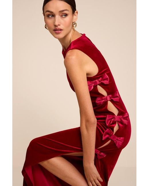 Lulus Red Cordelia Velvet Bow Cutout Column Maxi Dress
