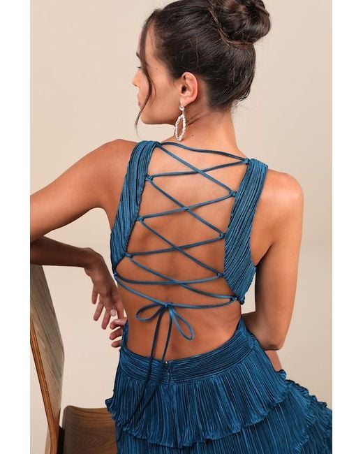 Lulus Blue Beauty Icon Dark Satin Pleated Tiered Lace-Up Maxi Dress