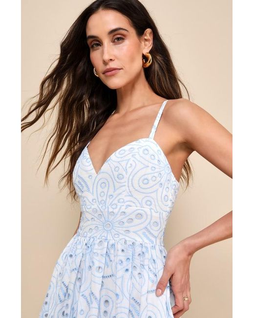 Lulus Blue Sunny Poise Cotton Eyelet Embroidered Midi Dress