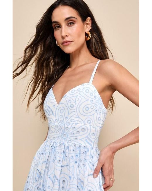 Lulus Blue Sunny Poise Cotton Eyelet Embroidered Midi Dress