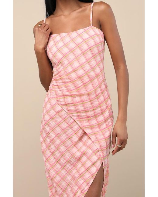 Lulus Pink Jenise Plaid Faux-Wrap Midi Dress