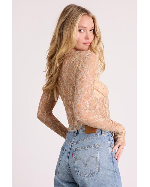 Lulus Blue Netta Floral Lace Tie-Front Long Sleeve Top