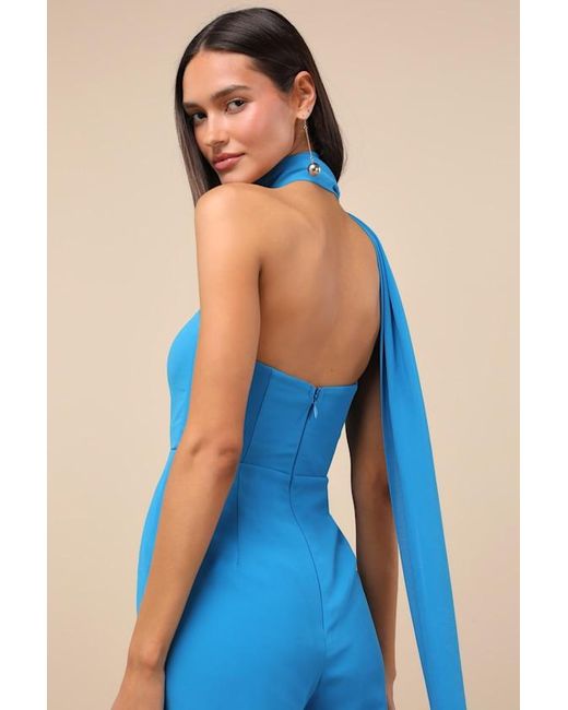 Lulus Blue Kavina Bright Wide-Leg Jumpsuit And Scarf Set