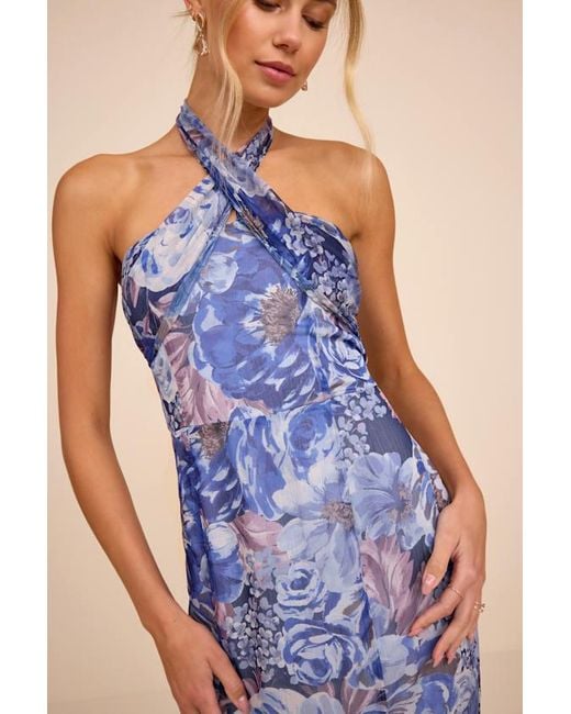 Lulus Blue Juno Multi Floral Halter Trumpet Midi Dress
