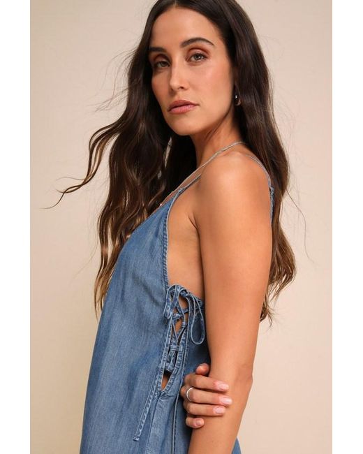 Lulus Blue Comfortably Posh Medium Wash Chambray Wide-Leg Jumpsuit