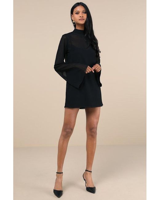Lulus Black Perfected Charm Bell Sleeve Mini Shift Dress