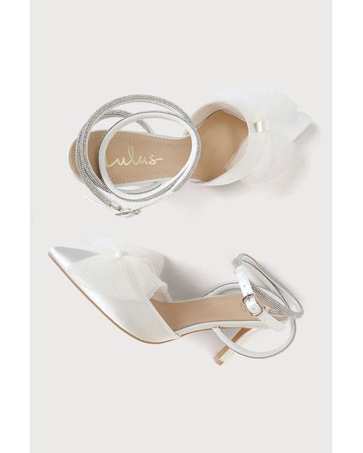 Lulus Blue Lelanee Satin Rhinestone Bow Ankle Strap Pumps