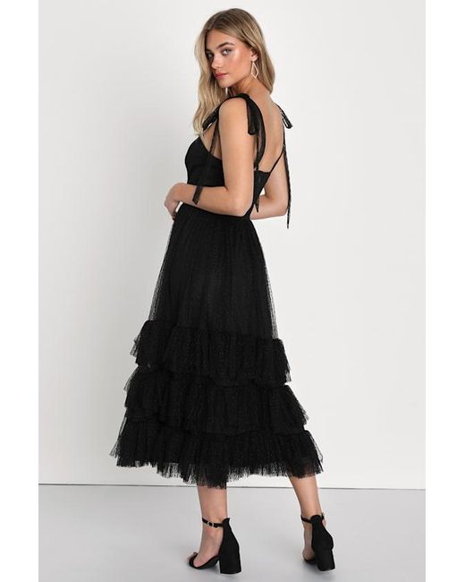 Lulus Black Captivating Aesthetic Mesh Swiss Dot Tie-Strap Midi Dress