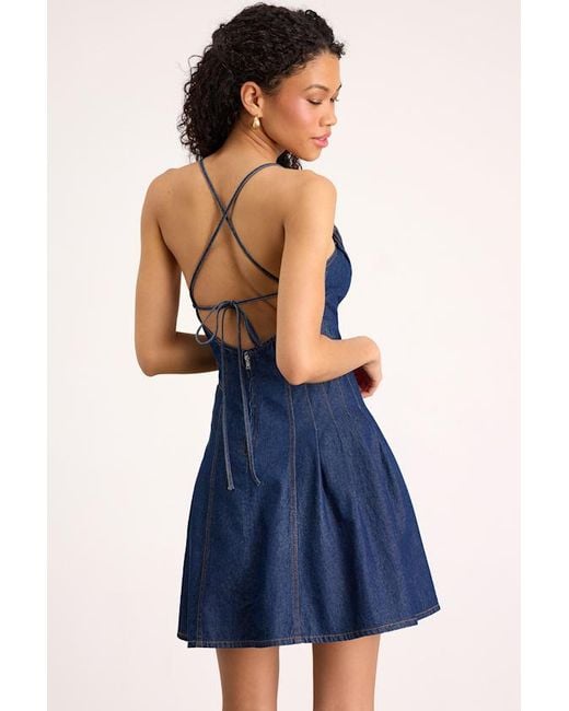 Lulus Blue Margorie Dark Wash Denim Lace-Up Mini Dress