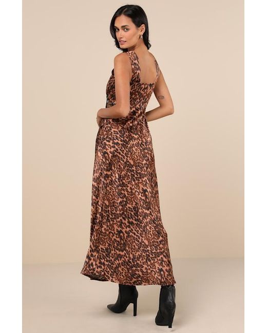 4th & Reckless Brown Kelsey Leopard Print Satin Lace Cutout Midi Dress