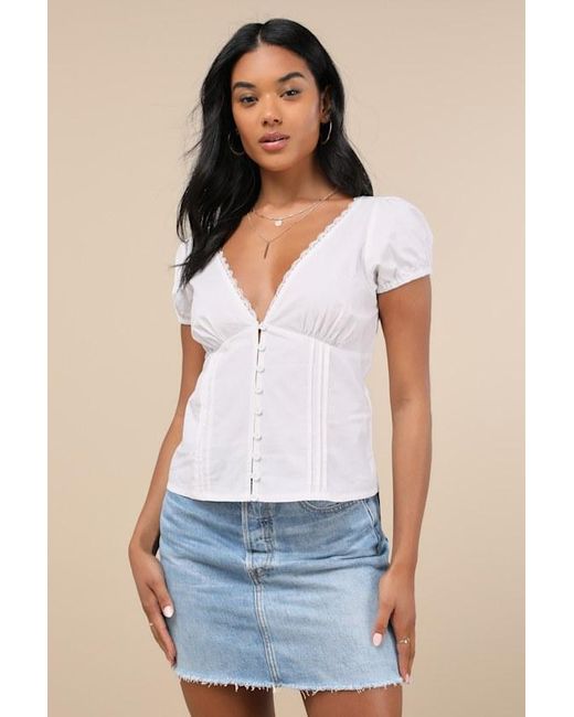 Motel Blue Ilias Cotton Poplin Lace Short Sleeve Button-Up Top