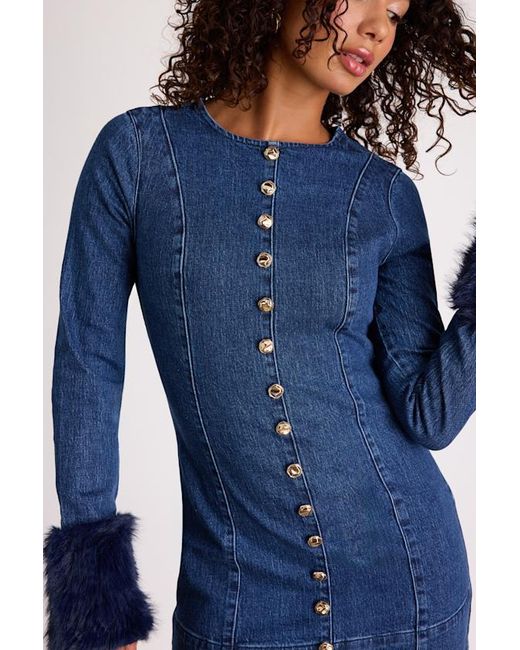 Show Me Your Mumu Blue Rockefeller Medium Wash Denim Faux Fur Mini Dress