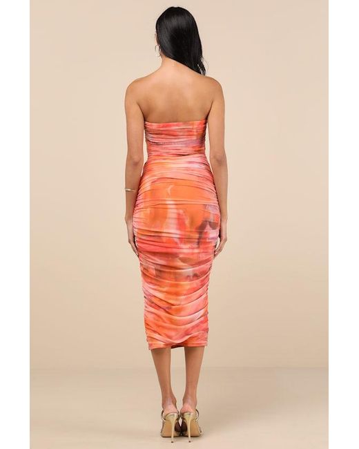Lulus Orange Vania Abstract Mesh Ruched Strapless Midi Dress