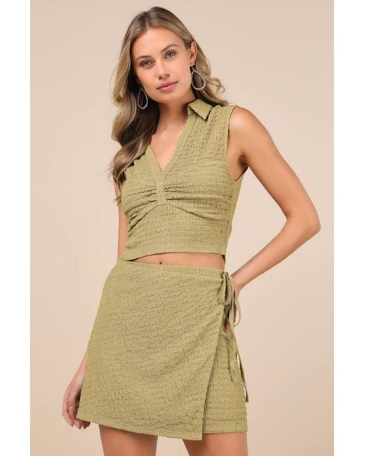Lulus Green Luxe Cuteness Lime Textured Faux-Wrap Mini Skirt