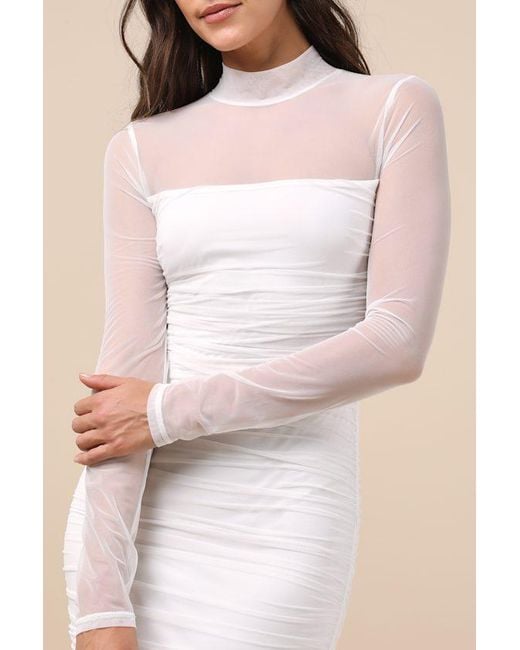 Lulus Natural Impressive Flirt Mesh Ruched Mock Neck Midi Dress
