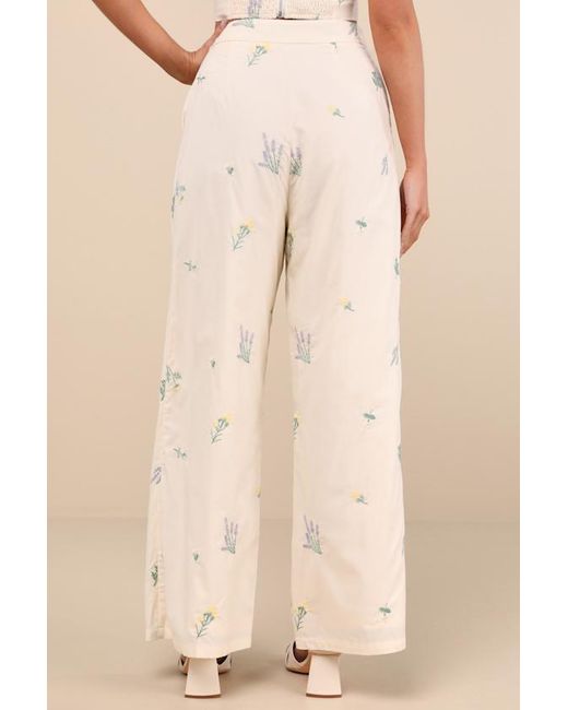 Lulus Natural Rowena Cream Embroidered Wide-Leg Pants