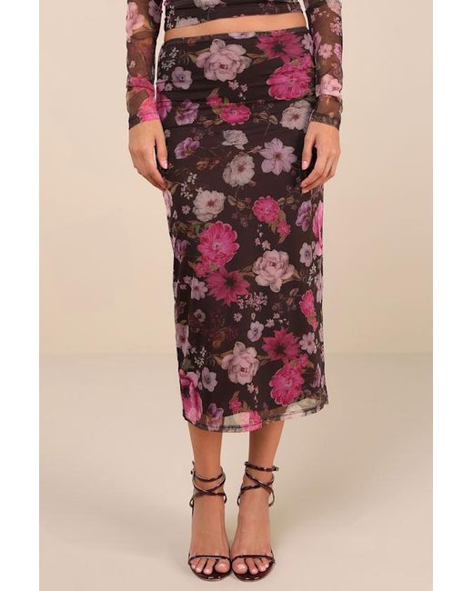 Lulus Pink Unforgettably Sweet Floral Print Mesh High-Rise Midi Skirt