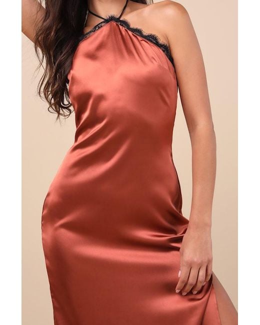 Lulus Orange Mairwen Rust And Satin Lace Halter Maxi Dress