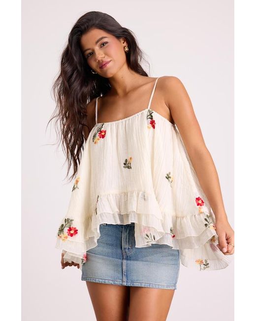 Lulus White River Cream Floral Embroidered Ruffled Tank Top