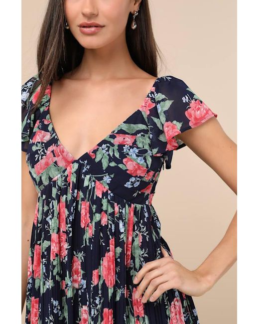 Lulus Blue Amalfi Coast Dark Floral Pleated Flutter Sleeve Mini Dress