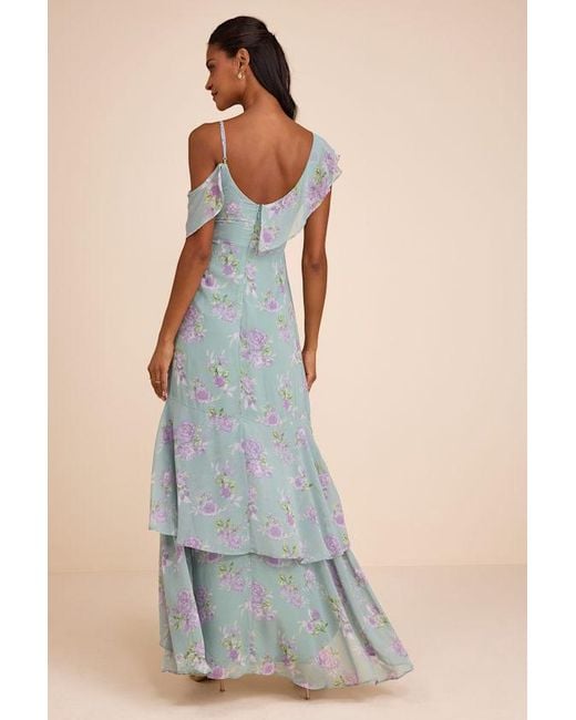 Lulus Green Velma Sage Floral Ruffled Asymmetrical Maxi Dress