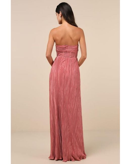 Lulus Red Desme Rose Satin Plisse Strapless Maxi Dress