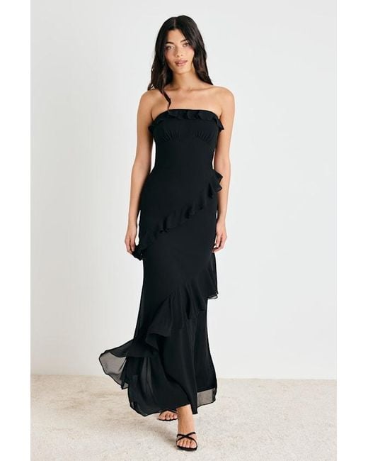 Lulus Black Dramatic Allure Ruffled Cutout Strapless Maxi Dress