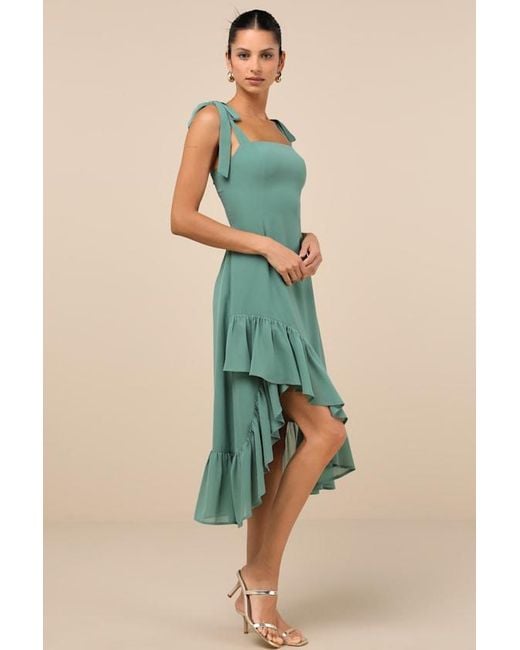 Lulus Green Tamryn Dark Sage Asymmetrical Ruffled Midi Dress