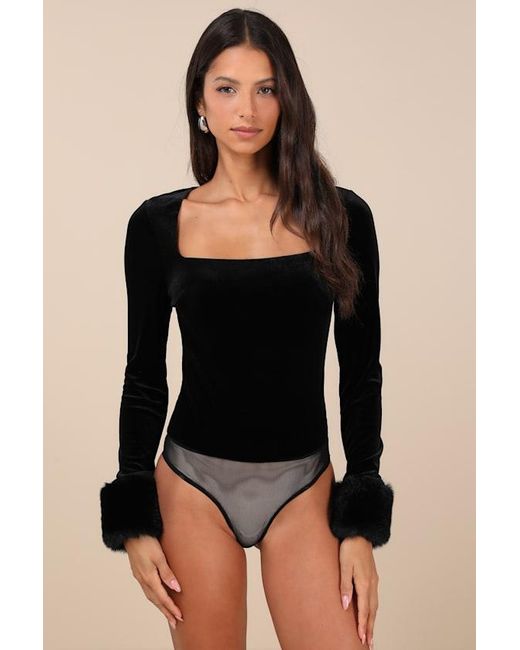 Lulus Black Toasty Allure Velvet Faux Fur Long Sleeve Bodysuit