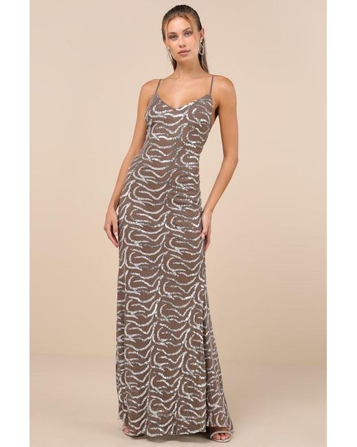 Lulus Natural Mesmerizing Demeanor Sequin Backless Mermaid Maxi Dress