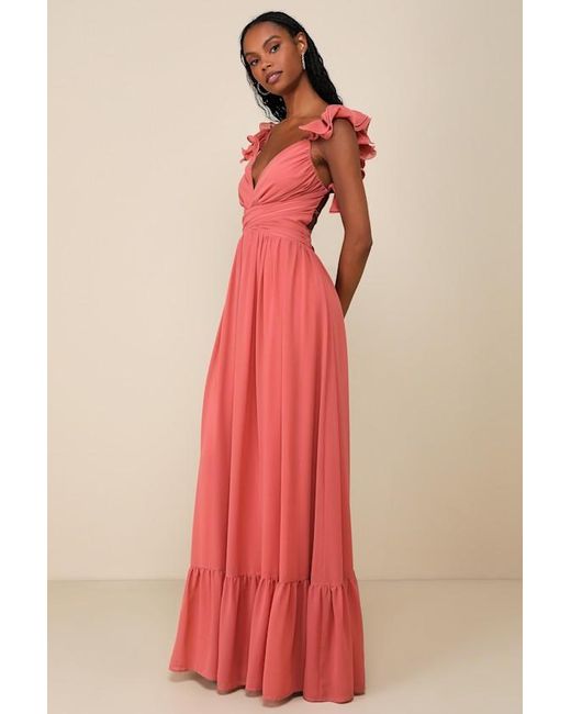 Lulus Red Soiree Celebration Rusty Rose Ruffled Lace-Up Maxi Dress