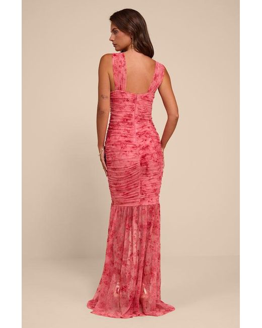 Lulus Red Jamie Floral Mesh Sheer Hem Maxi Dress