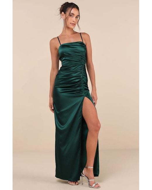 Lulus Blue Luxurious Marvel Emerald Satin Ruched Column Maxi Dress