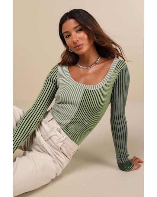 Lulus Green Mod Cutie Color Block Ribbed Long Sleeve Bodysuit