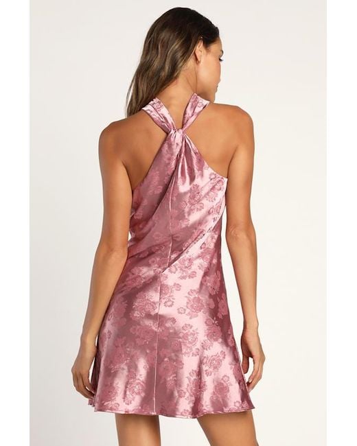 Lulus Pink Got The Key Satin Floral Jacquard Halter Mini Dress