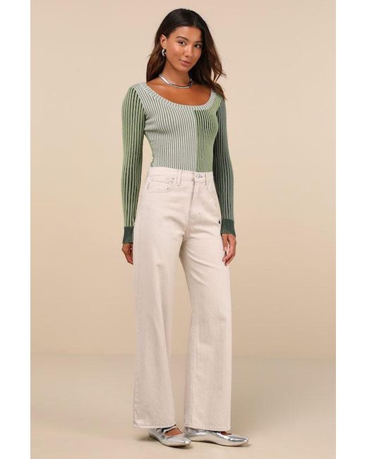 Lulus Green Mod Cutie Color Block Ribbed Long Sleeve Bodysuit