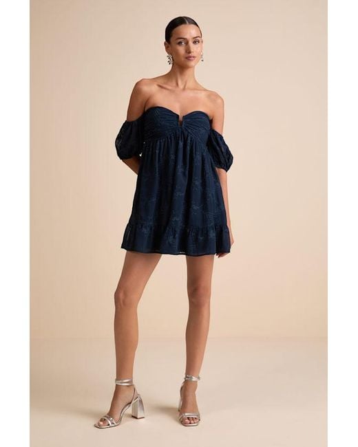 Lulus Blue Cutest Icon Embroidered Off-The-Shoulder Mini Dress
