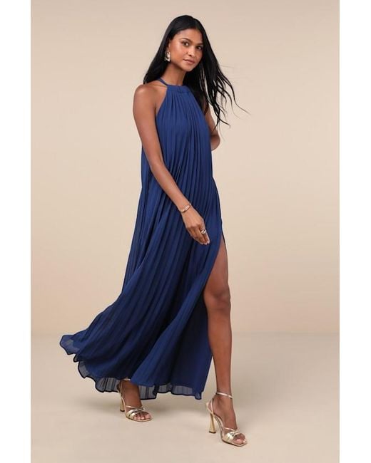Lulus Blue Exceptionally Elegant Pleated Chiffon Maxi Dress