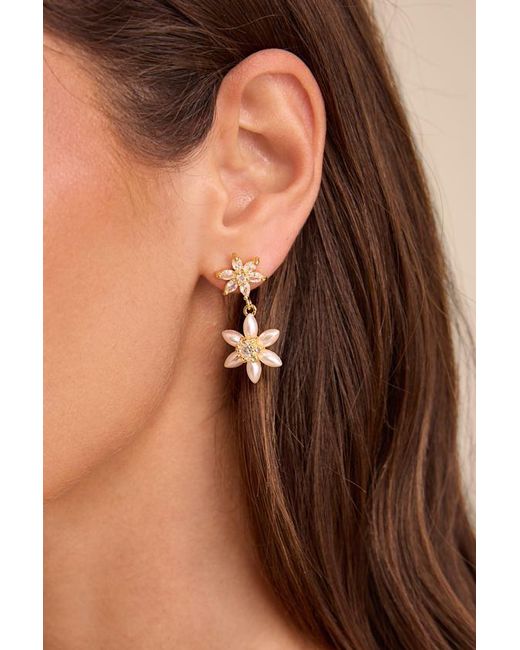 Lulus Natural Ira 14Kt Rhinestone Pearl Flower Drop Earrings