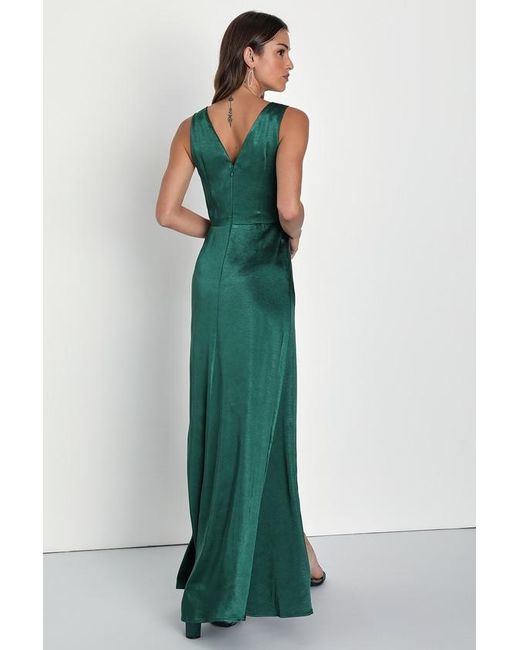 Lulus Green Perfect Refinement Emerald Satin Sleeveless Pleated Maxi Dress