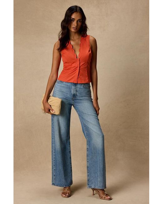 Lulus Orange Seasonally Lovely Scalloped Button-Front Poplin Top