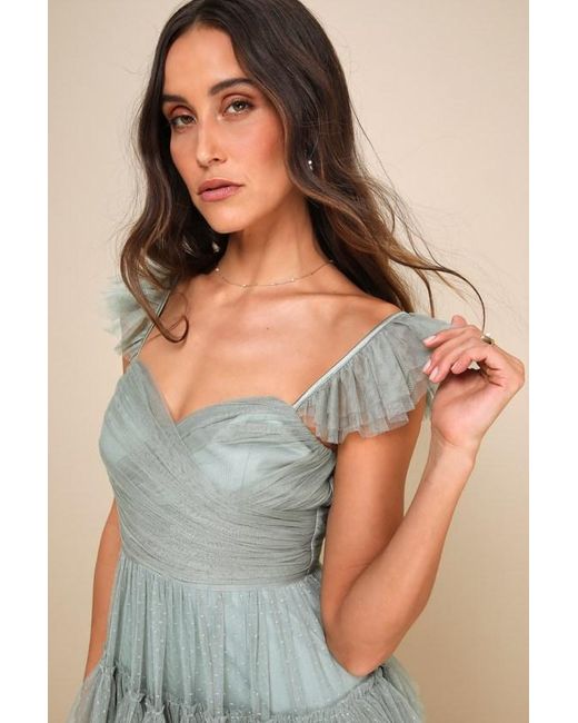 Lulus Green Pure Radiance Sage Brush Mesh Swiss Dot Tiered Maxi Dress