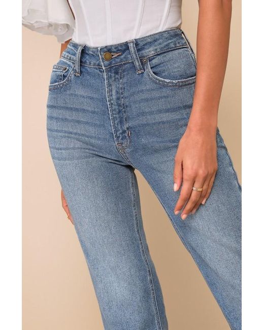 Lulus Blue Enviable Aura Medium Wash High-Rise Raw Hem Straight Leg Jeans