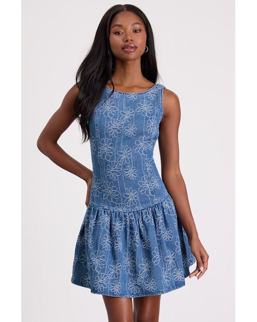 Lulus Blue Kodi Medium Wash Floral Denim Drop Waist Mini Dress