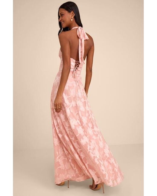 Lulus Pink Maira Floral Burnout Halter Maxi Dress