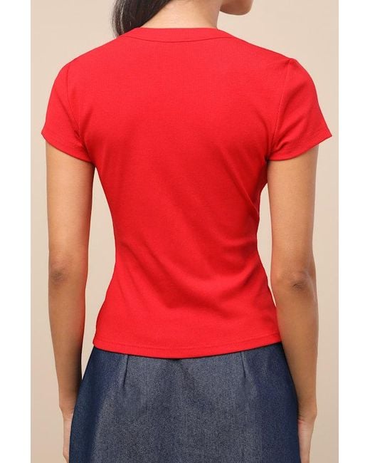 Lulus Red Annalena Ribbed Button-Front Short Sleeve Top