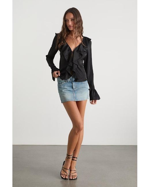 Lulus Black Tanisha Satin Ruffled Tie-Front Long Sleeve Top