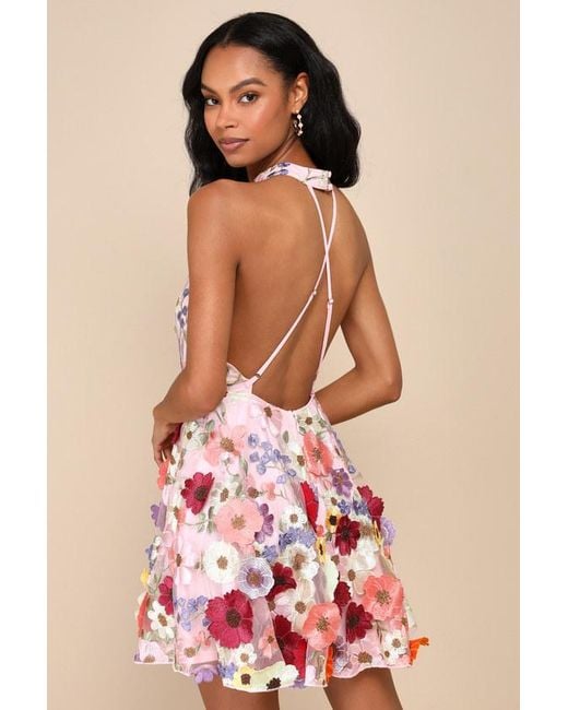Lulus Pink Blooming Bliss 3D Floral Embroidered Halter Mini Dress